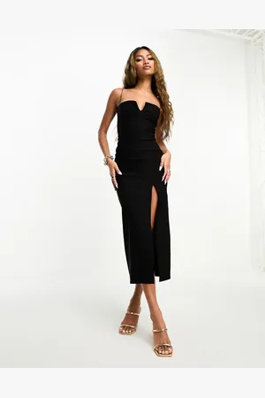 Vesper Bengaline notch detail cami strap thigh split midi dress in