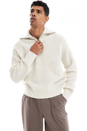 Bershka Knitted 1/4 zip jumper in ecru