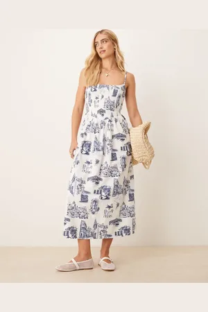 Abercrombie & Fitch Dipped waist smocked poplin midi dress in print