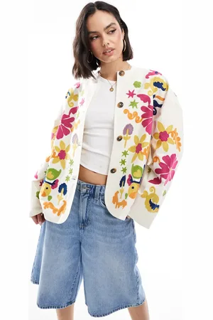 ASOS Embroidered collarless jacket in ecru