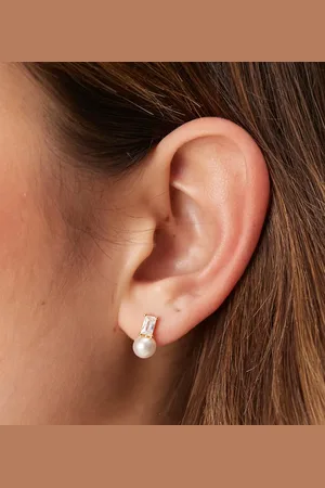 Orelia Crystal baguette & pearl stud earrings in 18k plated