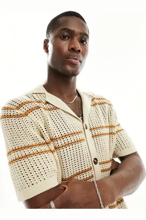 ASOS Lightweight knitted pointelle button through polo with orange stripe