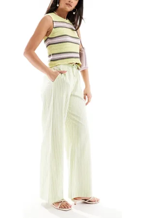 Bershka Tie waist wide leg linen trousers in lime stripe