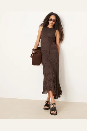 Gina Tricot Antique lace craft sleeveless assymetric hem midi dress in