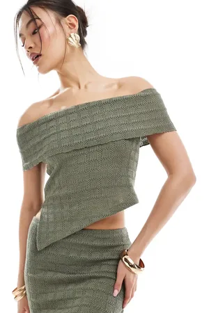 ASOS Co-ord textured sleeveless bardot top with asymmetric hem in khaki