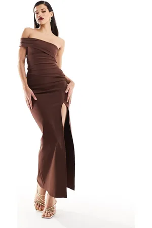 Vesper Bengaline one shoulder thigh spilt maxi dress in chocolate