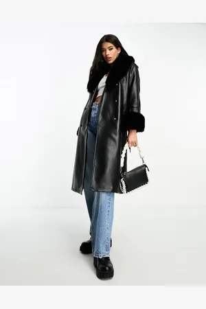 QED London PU longline coat with faux fur trims in