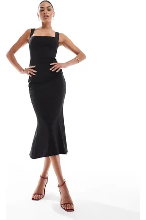 Vesper Bengaline square neck fishtail midaxi dress in