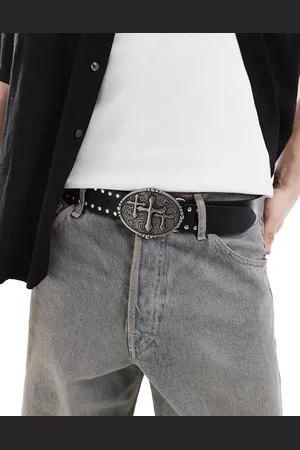 ASOS Gothic cross antique silver buckle belt with studding in faux leather