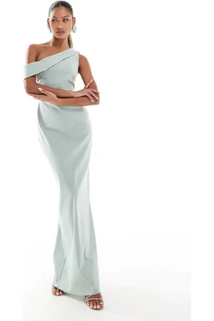 Vesper Bengaline off shoulder drape detail maxi dress in sage