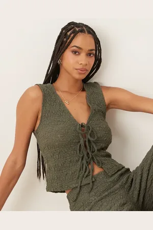 MANGO Crinkle tie front waistcoat co-ord in khaki