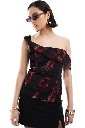 ASOS Fallen shoulder top with cowl neck in blurred floral print