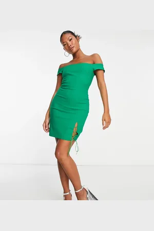 Vesper Bengaline bardot mini dress with lace up side detail in emerald
