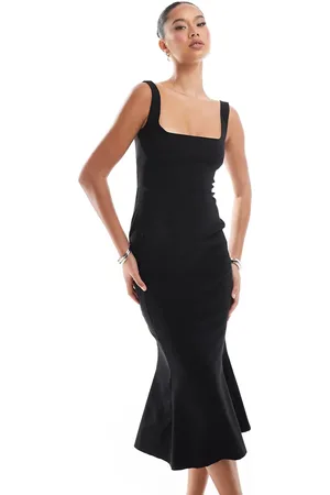 Vesper Bengaline sleeveless square neck fishtail midi dress in