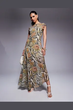 ASOS Slash neck waisted maxi dress in animal floral print