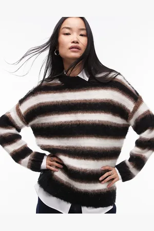 Topshop Knitted neutral stripe oversized jumper in black and brown
