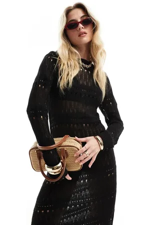 VERO MODA Long sleeved crochet midi dress in black