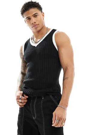 ASOS Muscle fit knitted rib V neck vest in with contrast
