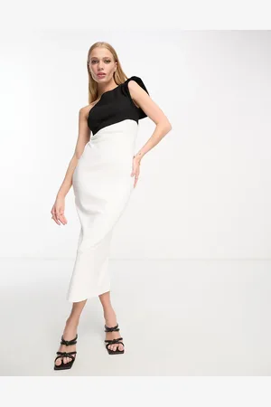 Vesper Bengaline bow detail one shoulder colour block maxi dress in black and white