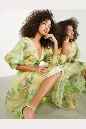 ASOS Organza blouson sleeve midi dress in floral print