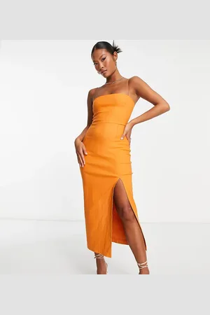 Vesper Bengaline cami strap midi dress in burnt