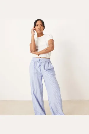 VILA Highwaist wide leg stripe dad pant with turn up cuff in