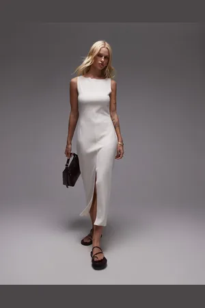 MANGO Boat neck midaxi dress with front split in light beige