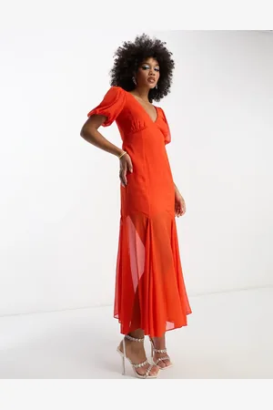 ASOS Chiffon v neck midi dress with flutter sleeves and godet hem in flame