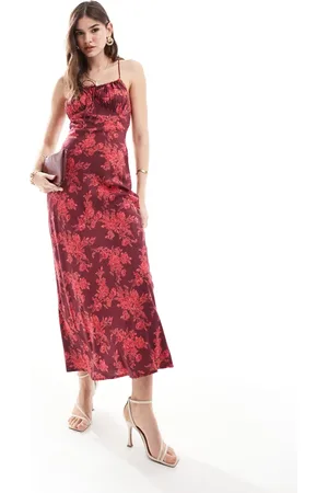 ASOS Ruched bust maxi slip dress in burgundy based floral print