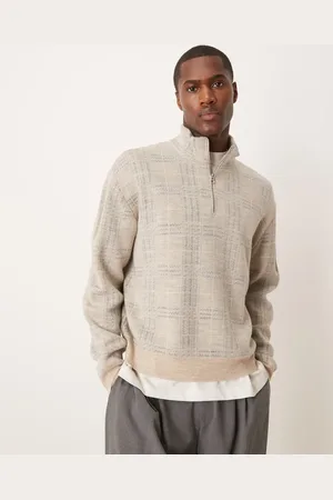 ASOS Oversized half zip check jumper in stone