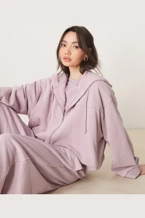 ASOS Co-ord zip through hoodie with bubble hem in washed mauve