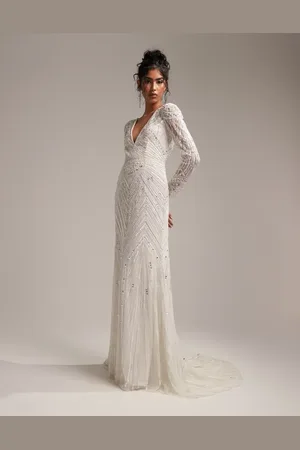 ASOS Millie long sleeve vintage artwork sequin and bead maxi wedding dress in ivory
