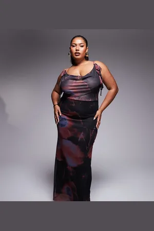 ASOS ASOS DESIGN Curve plunge cowl neck maxi with tie detail in printed mesh in blurred floral