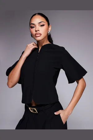ASOS Ribbed puff sleeve structured hook and eye top in
