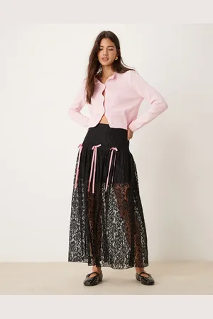 Miss Selfridge Lace bow detail tiered maxi skirt in