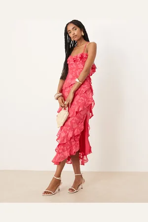 Pretty Lavish Cross front ruffle midaxi dress in fuchsia