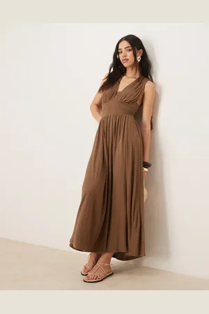 ASOS Crinkle plunge lace bust tassel maxi dress in chocolate