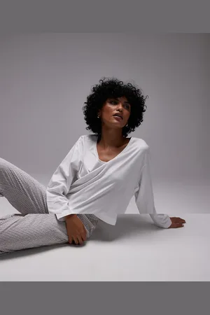 MANGO Cotton v neck long sleeve top and seersucker trouser pyjama set in white & stripe
