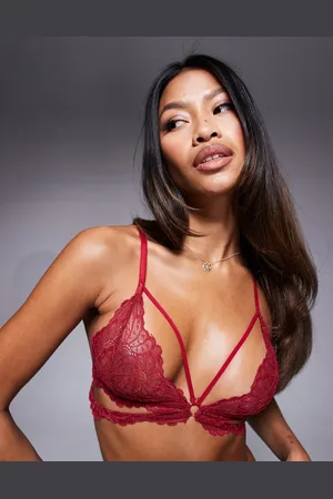 ASOS Kimmy lace strappy cut out triangle bra in burgundy
