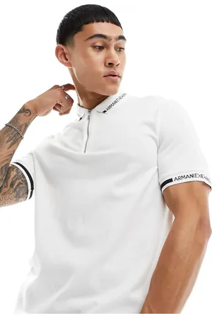 Armani Exchange Logo tipped collar and cuff zip neck pique polo in off