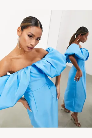 ASOS Volume sleeve satin midi dress in azure