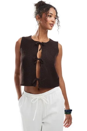 Threadbare Knitted tie front waistcoat in chocolate
