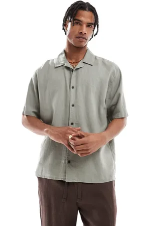 Threadbare Linen rich short sleeve textured shirt in sage