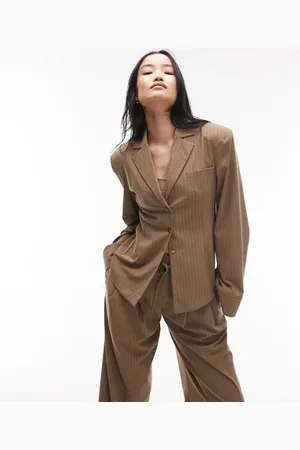 ASOS Shoulder pad tailored shirt in camel pinstripe