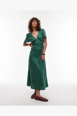 MANGO Linen mix short sleeve midi dress in emrald