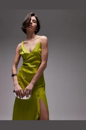 Topshop Twist shoulder exposed seam midi slip dress in lime green