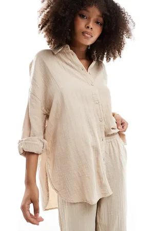 ONLY Cheesecloth oversized shirt co-ord in light beige