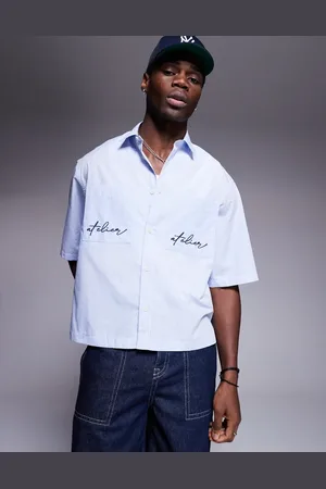 ASOS Boxy oversized shirt in and white micro check with pocket embroidery