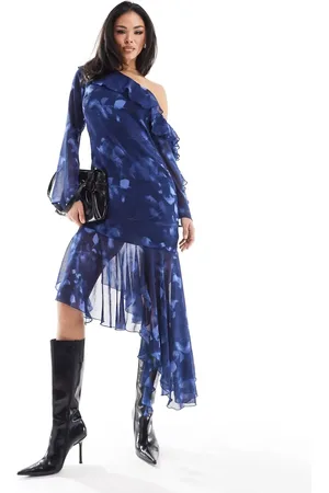 ASOS Fallen shoulder chiffon midi dress with asymmetric hem and tendril detail in blurred floral print