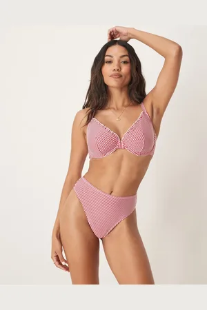 ASOS Anna seersucker high leg high waist bikini bottom in burgundy stripe